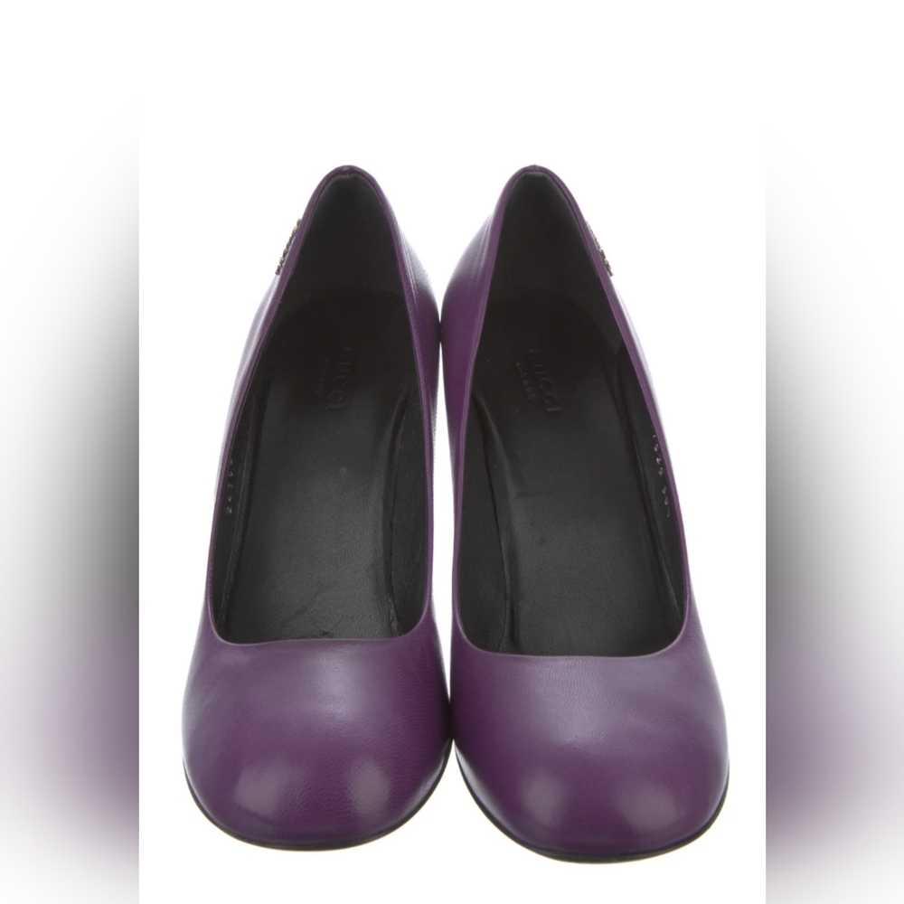 Gucci Purple Genuine Leather Round Toe Side Logo Shoes Pumps Heels - Picture 2 of 16